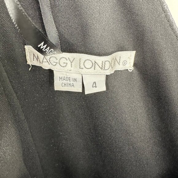3/$25 Maggy London Cocktail Dress 4 Faux Wrap Metallic Embellished Broch Black - Picture 3 of 9